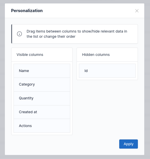 Personalization modal with Tabler theme